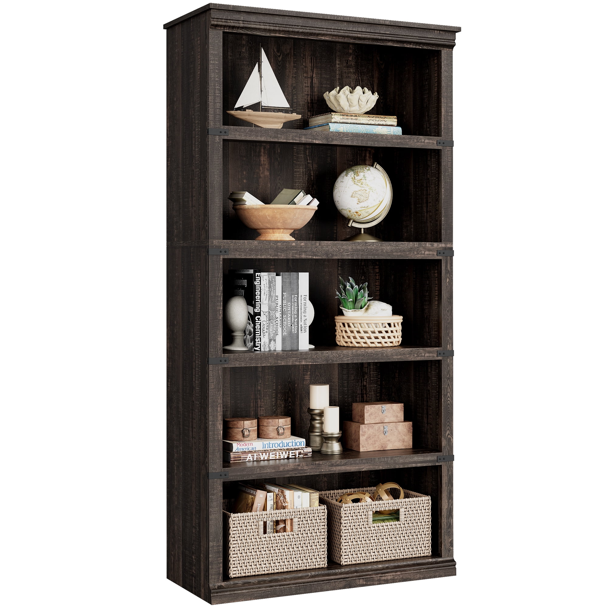 2025 New 5 Tier Bookcase, Farmhouse Book Shelf with Storage, 67.4 Inch Tall Open Display Bookshelves, Wooden 5 Shelf Bookcase for Living Room, Bedroom