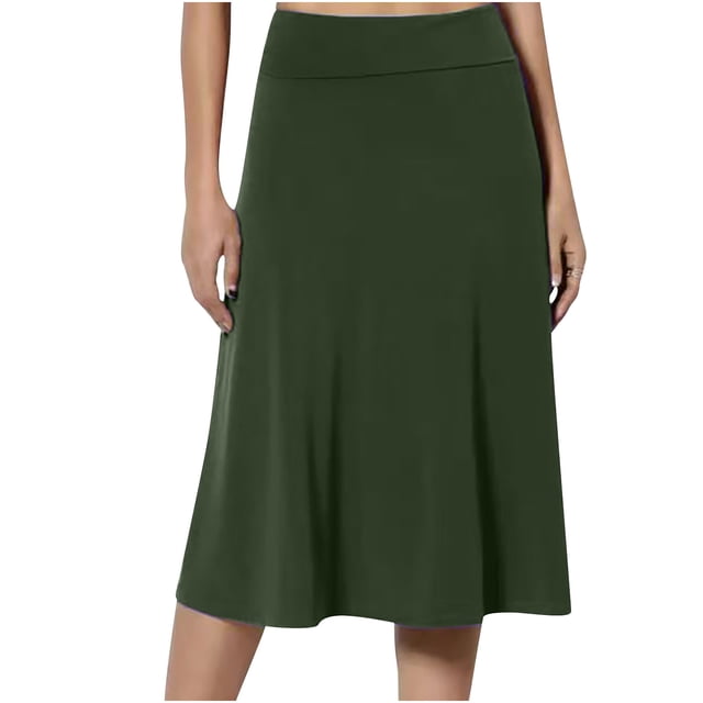Clearance-Sale Skirts for Women Basic Slim Skirt Solid Color Softy Breathable Midi Skirt Elastic High Waist Swing Hem Ruched Lightweight Long Skirts for Women Weekly-Deals(Green,3XL)