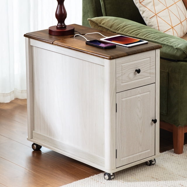CHIC HOUSE Tables d'Appoint pour Salon avec Station de Recharge et Roulettes, Table de Chevet Style Ferme pour Chambre avec Tiroir de Rangement, Tables Étroites à Roulettes Tables d'Accent, Petites Tables pour Petit Espace, Chêne