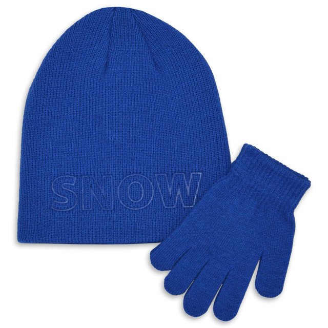 Hot Paws Embossed Children's 2-Piece Set 4-6Y with a blue knit hat embossed with 'SNOW' on the cuff and matching blue knit gloves, made from recycled polyester and acrylic, suitable for keeping kids warm in cold weather and ideal for outdoor winter activities.