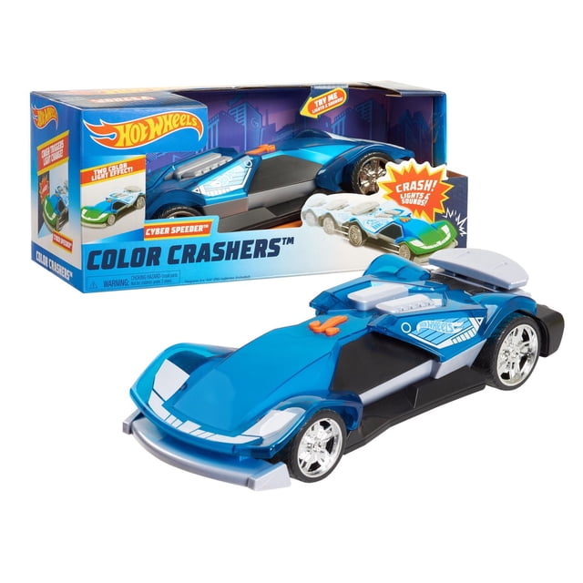 Hot Wheels Color Crashers Cyber Speeder Vehicle, 10-inch blue motorized toy car with aerodynamic design, silver and black accents, chrome wheels, and racing decals, shown with packaging featuring crash-activated lights and sounds, suitable for toy car collections and play vehicle fun.