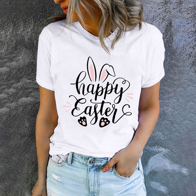 EGNMCR Chandails de Pâques pour Femmes Chandails pour Femmes Imprimé de Pâques T-shirt à Col Rond pour Femme Mode Confortable Chemise pour Femme Haut à Manches Courtes Haut/chemise à Col Rond T-Shirts pour Femmes