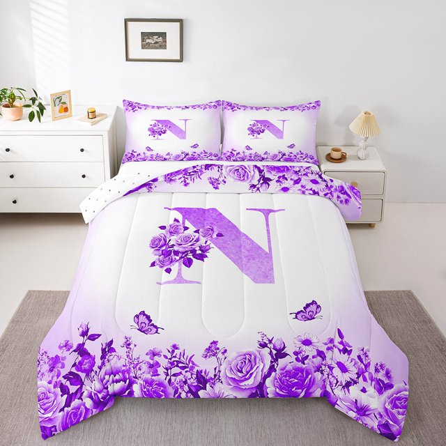 Erosebridal Ensemble de Couette Simple à Initiale Florale, Couette en Duvet à Fleurs et Papillons, Déco de Chambre pour Ados, Réversible, Léger, 2 Pcs