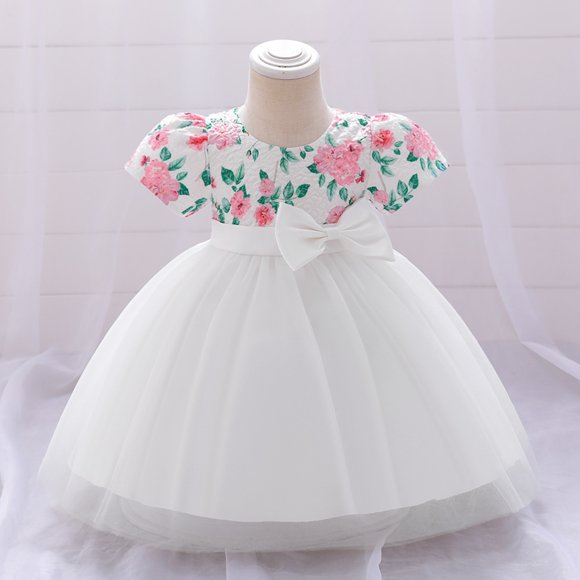 Girls Dresses Short Sleeve Bowknot Mesh Dress for Festival Christening Pageant Fashion Girls