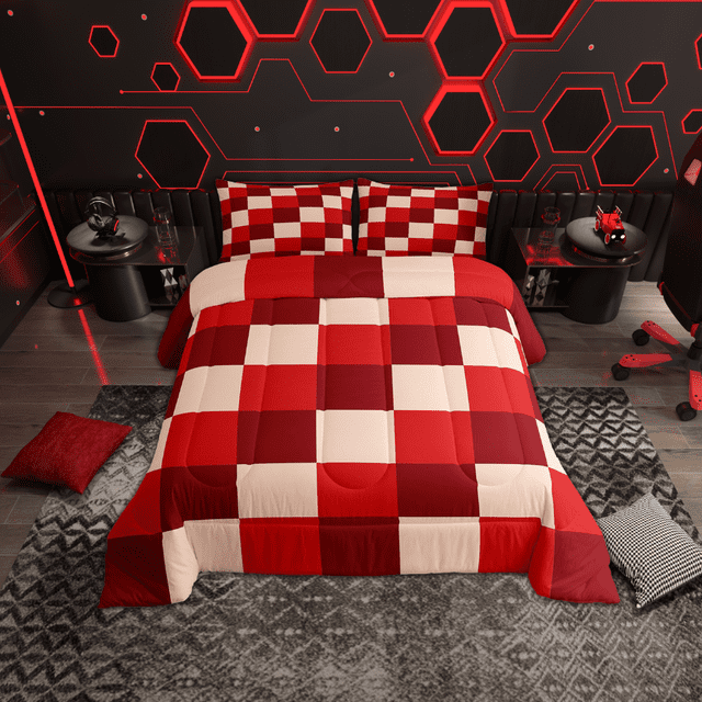 Erosebridal Check Plaid Bedding Full Comforter Set, Red Geometric Comforter Sets Full Size, Farmhouse Gingham Reversible Down Comforter, Breathable Room Decorative, 3pcs
