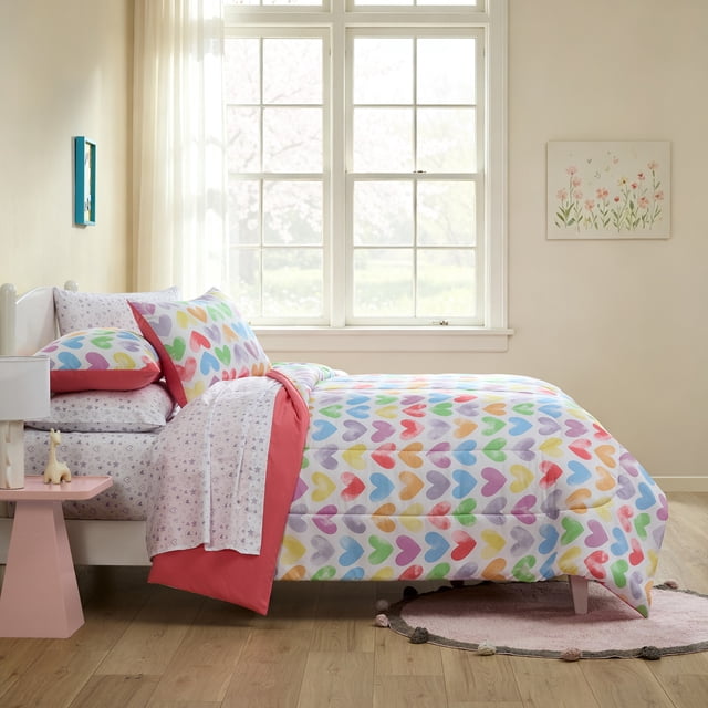 Mainstays Kids 7 Pieces Sweet Hearts Comforter Set with Sheets, Double