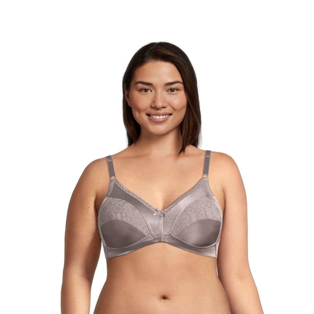 Warner's Women's Wire-Free Firm Support Bra in grey, front view with full-coverage cups featuring floral lace panels and smooth nylon-spandex fabric, adjustable front straps for ease of wear, providing firm support ideal for fuller figures and slight size fluctuations.