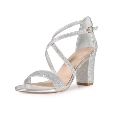 BLISSFUL STEP Women's Glitter Block Heel Sandals Crisscross Ankle Strap Open Toe Shoes Silver 9