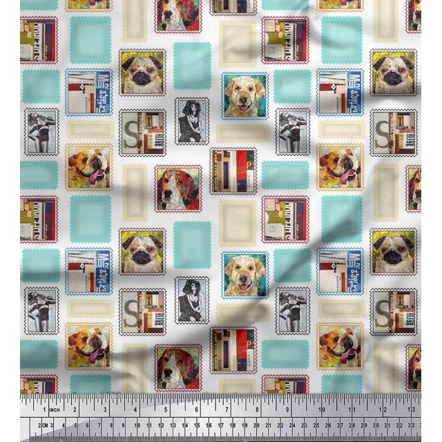 Soimoi Polyester Crepe Fabric Frames,Women & Dogs Patchwork Fabric Prints by Yard 52 Inch Wide