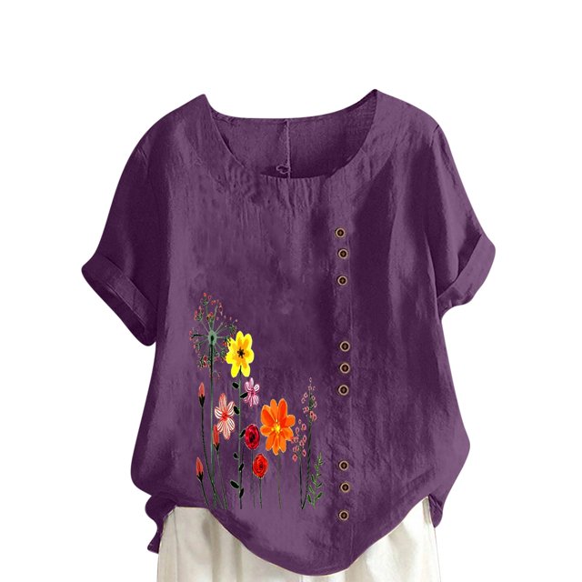 Cameland Hauts pour Femmes Col Rond Manches Courtes Imprimé Floral Chemise Ample