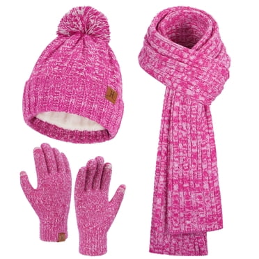 FZ FANTASTIC ZONE Bonnet d'Hiver Chaud pour Femmes, Gants à Écran Tactile, Ensemble avec Longue Foulard, Tricot Torsadé Côtelé avec Bonnets à Pompon Doublés en Molleton, Abricot