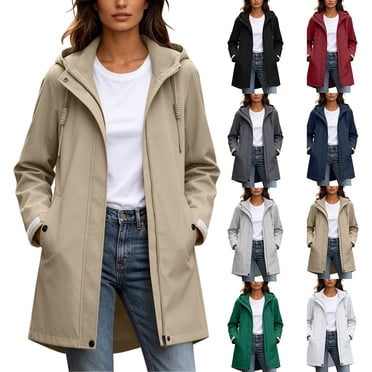 Sentmoon Women's Fall Jackets Waterproof Windproof Drawstring Hooded Neck Travel Jacket Long Sleeve Long Raincoat with Pockets for Travel Golf Hiking