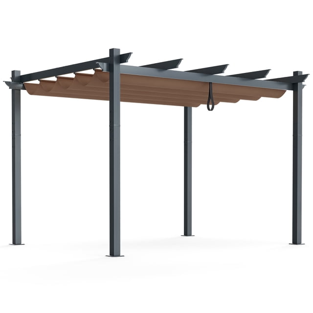 Gymax 10 X 12 Pi Auvent Extérieur en Aluminium Rétractable Pergola Abri Treillis à Vignes Brun, Doté d'Un Cadre en Aluminium Enduit de Poudre Résistant à la Rouille et d'Un Auvent Rétractable en Tissu Teint au Fil. l'Auvent Est Imperméable, anti-UV et Anti-Décoloration, avec un Système de Verrouillage Sécuritaire et des Poulies Flexibles pour un Ajustement Facile. la Pergola Comprend des Pieds en Métal Pré-Percés pour la Stabilité et Convient aux Espaces Extérieurs comme les Jardins, les Zones au Bord de la Piscine et les Cours.