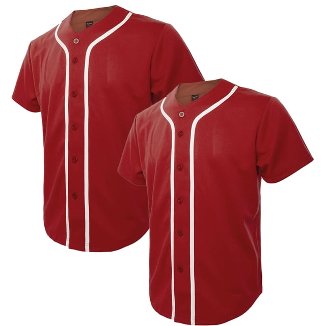 TOPTIE 2 Pack Men's Baseball Jersey Button Down Jersey Short Sleeve Shirt-Red Red-2XL