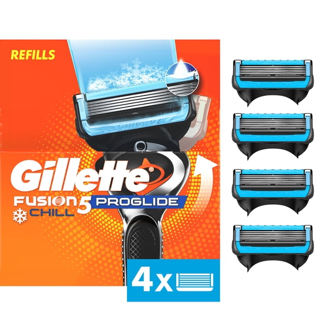 Gillette Fusion5 ProGlide Chill Razor Refills pack with four 5-blade cartridges featuring blue cooling lubrication strips for skin comfort and reduced friction, compatible with all Gillette 5-blade razor handles, designed for precise men's shaving and grooming.