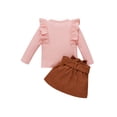 thumbnail image 2 of Xingqing Toddler Baby Girls Fall Spring Outfits Knitted Ribbed Ruffle Long Sleeve Shirt Tops+Skirt Set Pink 9-12 Months, 2 of 9