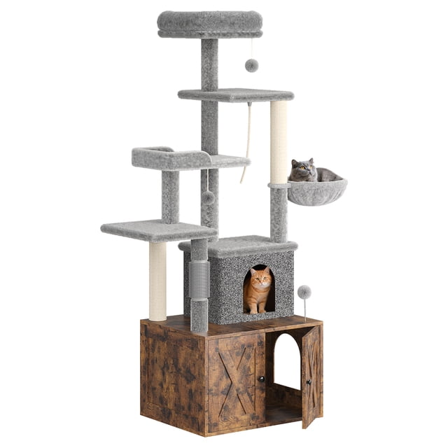 Kojooin 2-in-1 Cat Tree with Hidden Litter Box Enclosure, Multi-Level Cat Tower with Scratching Post, Hammock and Condo