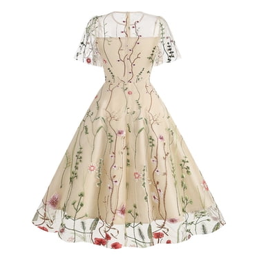 Meichang Robe Trapèze en Maille pour Femme, Robe Midi Rétro à Fleurs Évasée, Tunique Mode à Manches Courtes, Col Ras du Cou, Robe d'Été Évasée pour Église, Invitée de Mariage, Travail