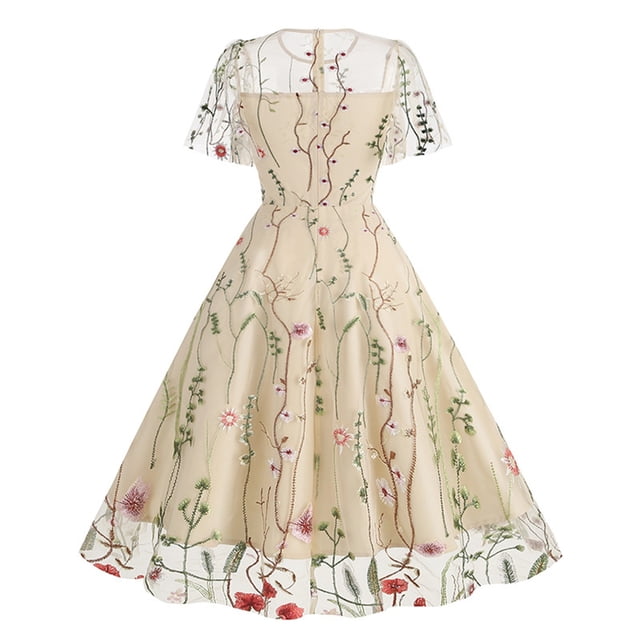 Meichang Robe Trapèze en Maille pour Femme, Robe Midi Rétro à Fleurs Évasée, Tunique Mode à Manches Courtes, Col Ras du Cou, Robe d'Été Évasée pour Église, Invitée de Mariage, Travail