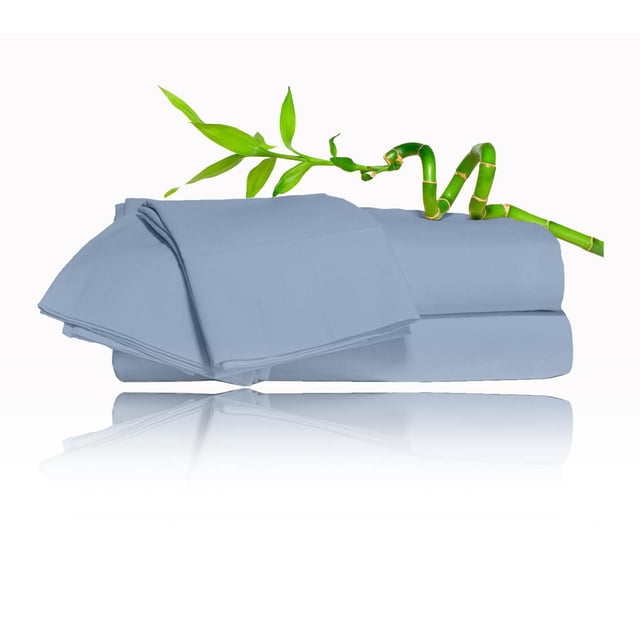 Johnson Home 450 Thread Count Bamboo Bed Sheet Set in light blue, neatly folded with smooth texture, accompanied by a green bamboo stalk on top, shown on a white background with subtle reflection, emphasizing eco-friendly and breathable bedding.