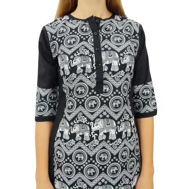 Phagun Kurta Droite Noire de Designer pour Femme, Manches 3/4, Kurti Décontractée Imprimée-20