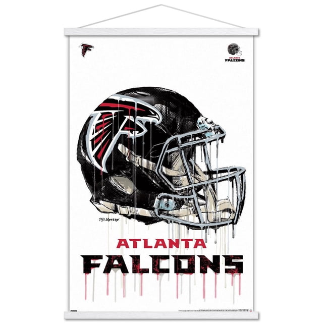 NFL Atlanta Falcons - Affiche Murale « Drip Helmet 20 », 22,375 Po x 34 Po Présentant une illustration Artistique Centrée et Orientée vers l'Avant d'Un Casque de football Noir avec le logo des Atlanta Falcons en Rouge, Blanc et Noir avec Effets de Peinture Goutte à Goutte sur Fond Blanc, avec Texte Audacieux « Atlanta Falcons » Rouge et Noir en Dessous, Idéal pour une Déco Murale à Thème Sportif.