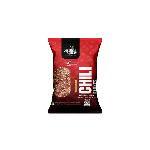 Sizzling Spices Chili Flakes (Pieces) in a 200g package, made from sun-dried chili peppers for a fiery and smoky flavor. Ideal for seasoning pizzas, pasta, marinades, soups, and garnishes. The red packaging highlights the brand logo and emphasizes its natural, additive-free composition.