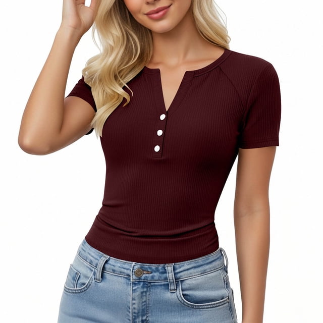 cfhntfmh Henley Shirts for Women Summer Short Sleeve Tops V Neck Basic Tees Fitted Ribbed Button up Beach Vacation Shirts