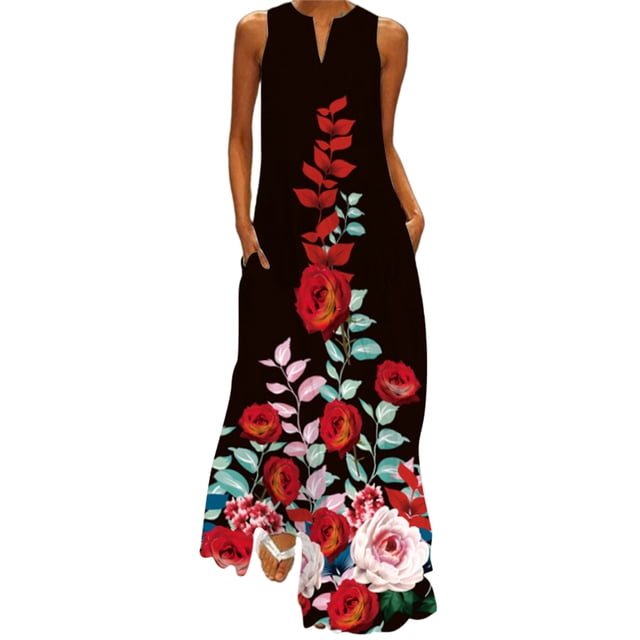 Bellella Robe Longue Maxi pour Femmes, Robe Débardeur à Col en V, Imprimé Floral, Robe d'Été de Plage, Ample, Sans Manches, Style de Fête, J TG