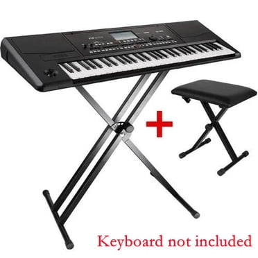 Keyboard Stand and Bench Set, Foldable Double X Keyboard Stand Music Electronic Piano Stands + X Style Adjustable Padded Piano Keyboard Bench Seat