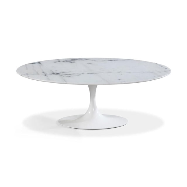 OVAL MARBLE DINING table featuring an oval white marble top with natural gray veining and a white aluminum pedestal base, shown from a centered front angle on a white background, ideal for kitchen and dining areas and often used as a stylish workspace surface.