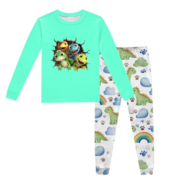 Ensembles de Pyjama Garçon Children's Dinosaur Printed Crew Neck Long Sleeve Top Pants 2 Piece Spring Fall Pajama Ensemble Kids Pjs Mint Green 2 Years-3 Years