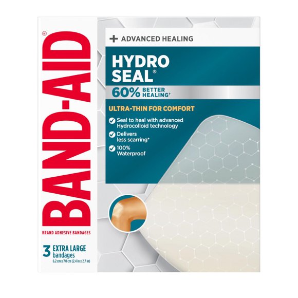 Pansements hydrocolloïdes ultraminces Hydro Seal de marque Band-Aid pour une cicatrisation avancée, pansements adhésifs 100 % imperméables pour la protection des plaies, très grande taille, 3 unités