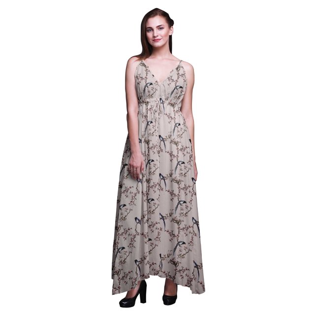 Bimba Robe Longue Maxi d'Été Imprimée à Col en V pour Femme, Tenue de Villégiature de Vacances - Moyen