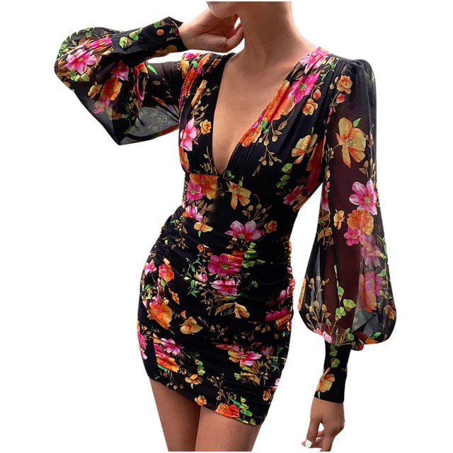 Pompotops Robe à Manches Longues en Chiffon Plissé à Fermeture Éclair Col en V Imprimé Floral pour Femmes