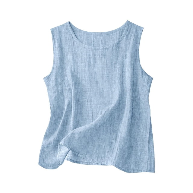 QHFBli Débardeurs en Coton et Lin pour Femmes, Tenue de Détente Confortable, Été, Sans Manches, Col Ras du Cou, Chemise Décontractée, Blouse Ample