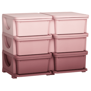 Qaba 3 Tier Kids Toy Organizer with 6 Plastic Storage Bins, Pink