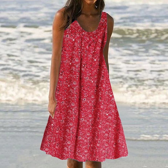 zanvin Robes pour Femmes, Robe d'Été à Imprimé pour Femmes à Manches Courtes, Col Ras du Cou, Robe Ample, Robe de Plage, Robe Soleil, Robe Midi Fluide à Volants