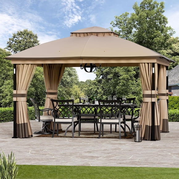 Modern Shade 11'x13' Gazebo with LED Lights & Bluetooth Speaker, Double Roof Metal Patio Canopy with Netting & Curtains, Khaki