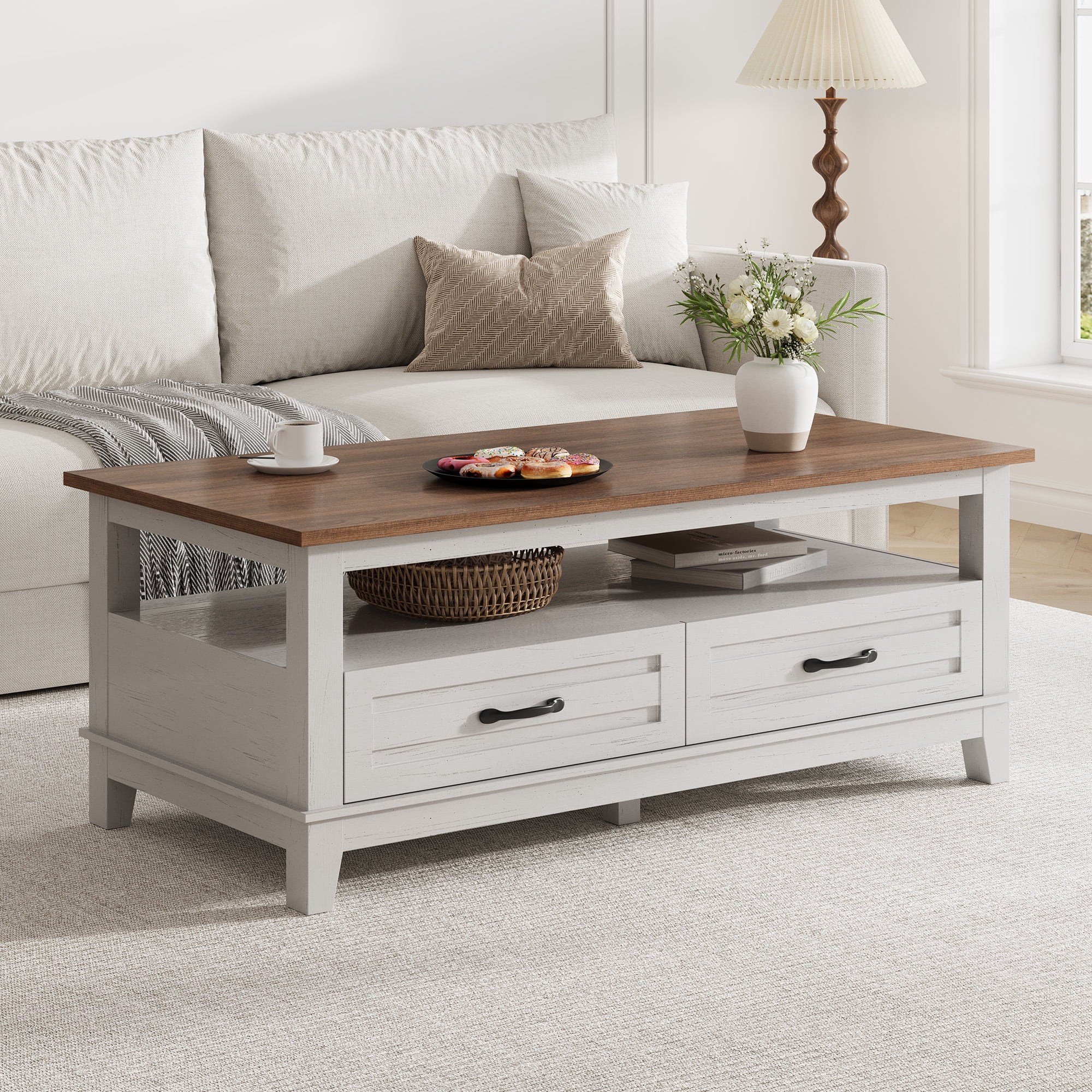 BeesClover Farmhouse Coffee Table with Drawers, 47.2 in Center Table Rustic Coffee Tables Black Living Room Table, with Open Shelf and 6 Support Legs