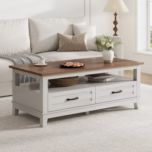 BeesClover Farmhouse Coffee Table with Drawers, 47.2 in Center Table Rustic Coffee Tables Black Living Room Table, with Open Shelf and 6 Support Legs
