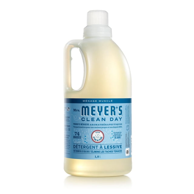 Mrs. Meyer's Clean Day Laundry Detergent, 60 load Rainwater Scent 720ml — centered, front-facing labeled plastic bottle; concentrated, HE-compatible biodegradable formula with plant-derived cleaning agents and stain-fighting enzymes, 60-load capacity, Rainwater fragrance; often used as a gentle pre-treat for spots.