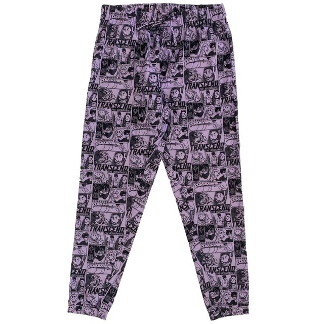 Purple ladies jogger sleep pants with black comic-style print including smiley faces and 'TRANSCEND' text.