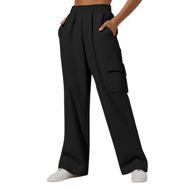Jalioing Wide Leg Sweatpants for Women Solid Elastic High Waist Outdoor Sport Cargo Trousers with Pocket