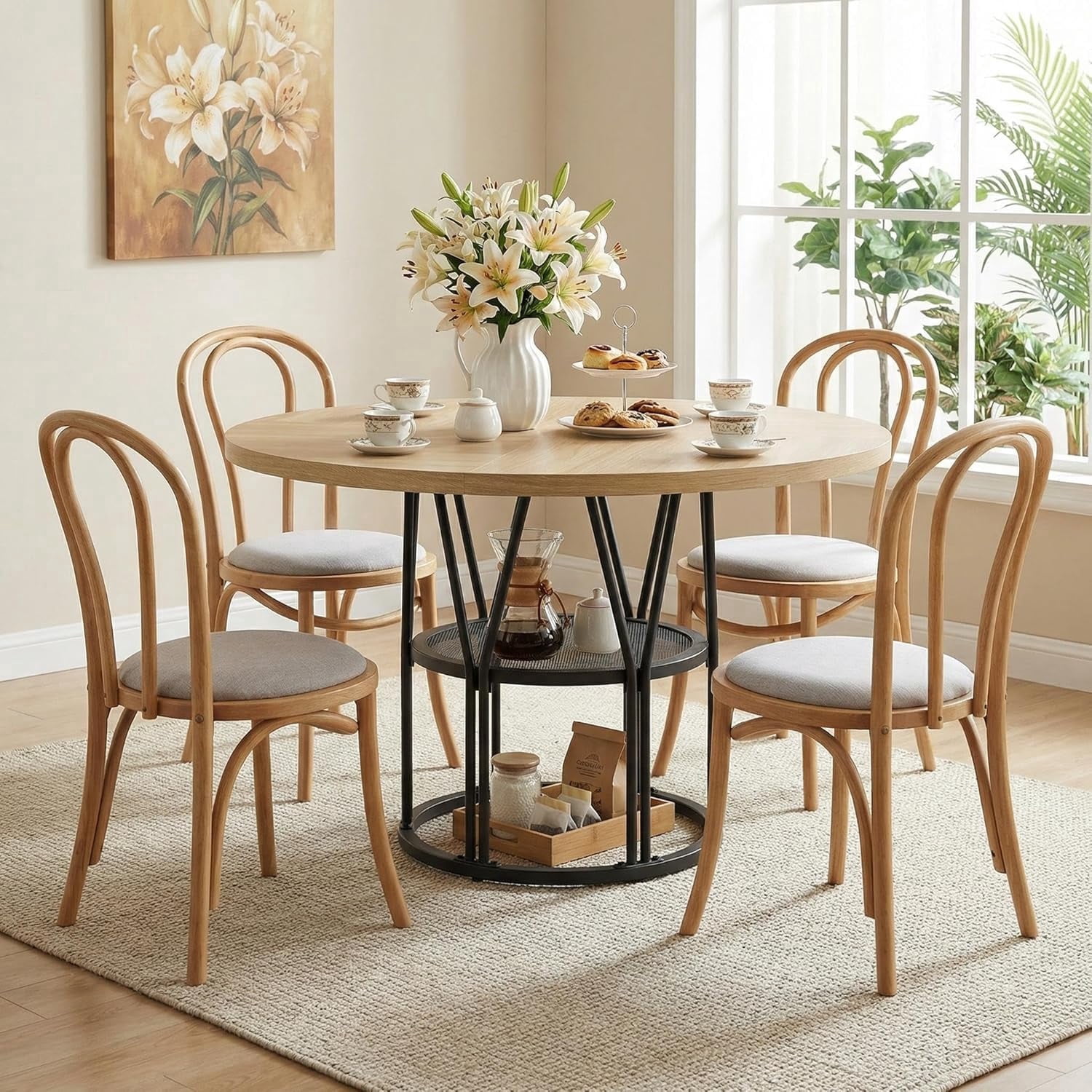 47 in Round Dining Table for 4-6, Circle Kitchen Table with Storage Shelf and Metal Frame, Natural