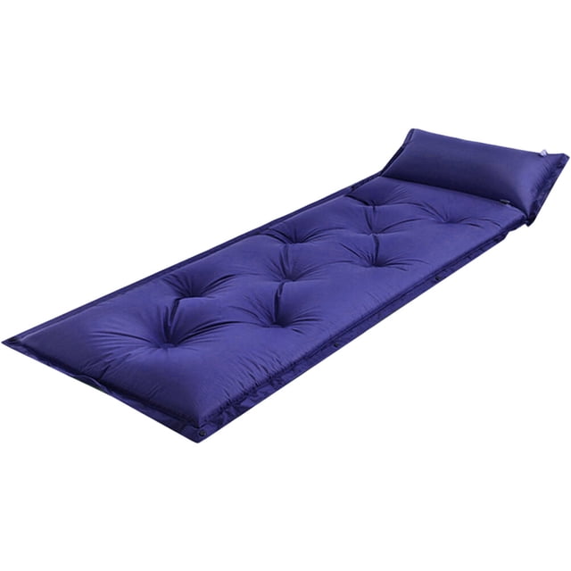 Inflatable Sleeping Pad Sleeping Mat for Camping Anti-Moisture Sleeping Pad in blue color. Made of polyester and PVC, it measures 183.00 x 57.00 x 2.80 cm (71.92 x 22.40 x 1.10 in). Features a tufted design with an integrated pillow for added comfort. Lightweight, portable, and compact, ideal for camping, hiking, picnics, and other outdoor activities. Also suitable for use at home as a guest bed.