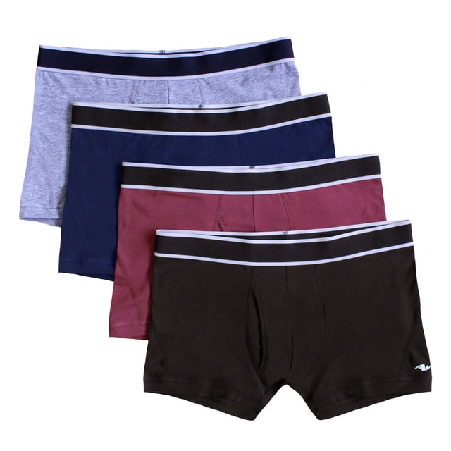 Athletic Works Men's Trunks 4-Pack front-facing view of four assorted trunk-cut underwear folded side-by-side, showing elasticized waistbands, ribbed cuffs and tagless labels; cotton-blend stretch fabrics stated on pack (95% cotton/5% spandex or 57% cotton/38% polyester/5% spandex) and suitable for use as liners in athletic shorts.