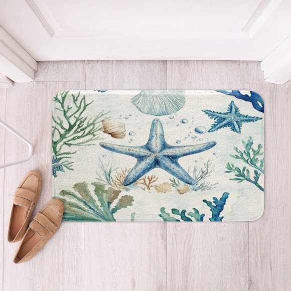 Erosebridal Tapis de Salle de Bain Étoile de Mer 16 Pouces x 24 Pouces Tapis de Bain Coraux Dessin Animé pour Enfants Thème Océan Monde sous-Marin Oasis Tapis de Bain Plage Vie Marine Côte Algues Bulles Accessoires de Salle de Bain