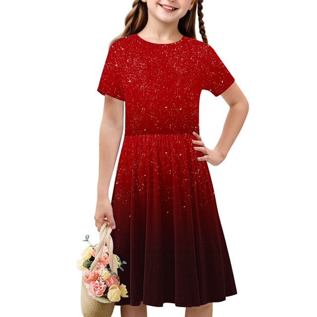 Soldes de Liquidation Aujourd'hui Offres Iumwxz Robe Décontractée Trapèze Robe Tunique pour Adolescentes Robe Col Rond Imprimé Dégradé Manches Courtes Robes pour Adolescentes Robe Élégante pour Fête des Fêtes 4-14a