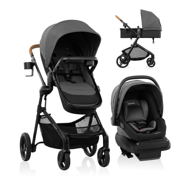 Evenflo Pivot NXT Travel System w/LiteMax NXT Infant Car Seat (Car Seat 3-22 lbs - Stroller 0 - 6 Years) 3/4 profile of the modular stroller in gray fabric with leatherette handle, parent cupholder, oversized 20 lb (9 kg) basket, 3-panel UPF 50+ canopy with peek-a-boo window and attached LiteMax NXT infant car seat (8.6 lb / 3.9 kg); shows six-mode configuration and self-standing trigger fold.